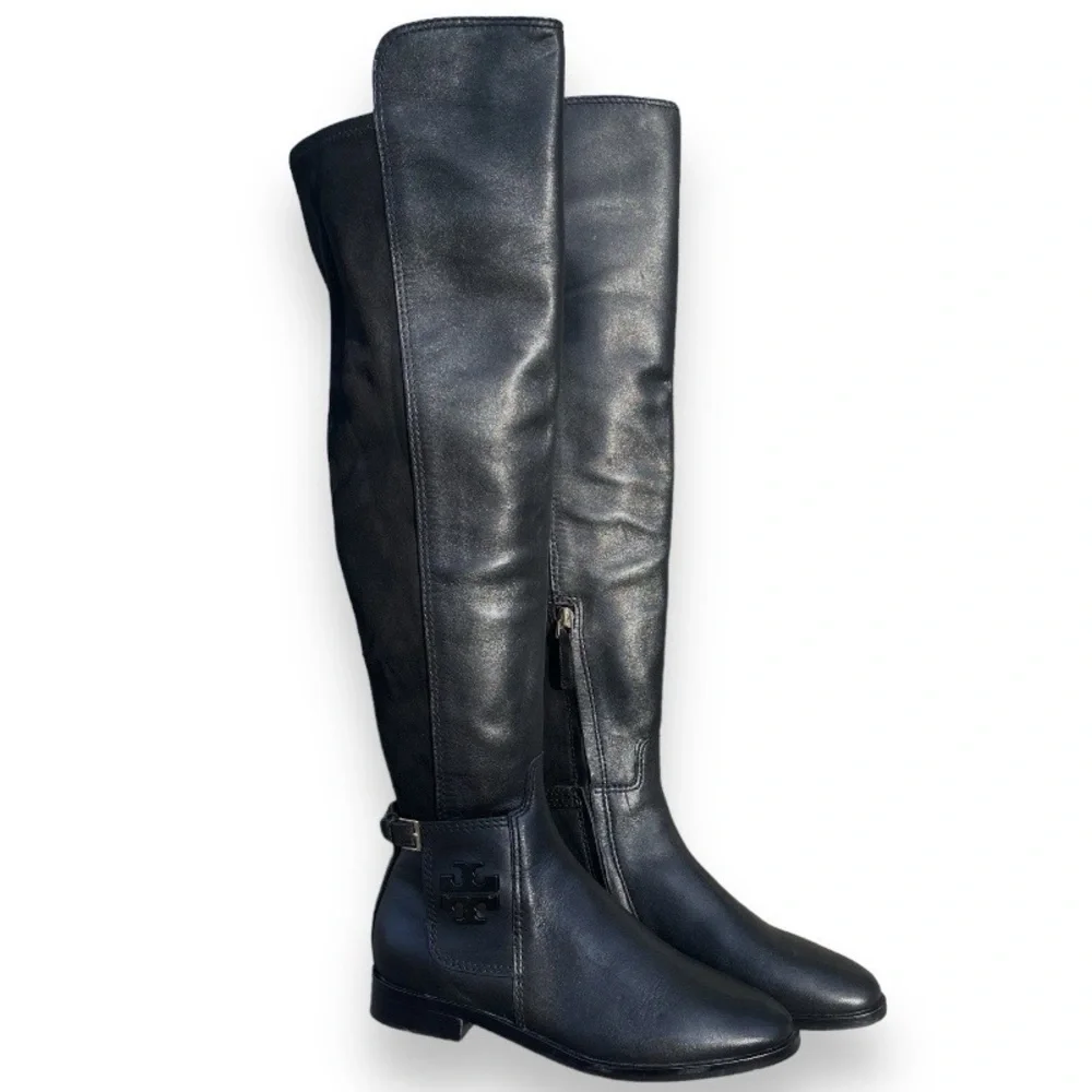 NEW Tory Burch Wyatt Over The Knee Boots Black Leather Logo Riding Boots Size 5